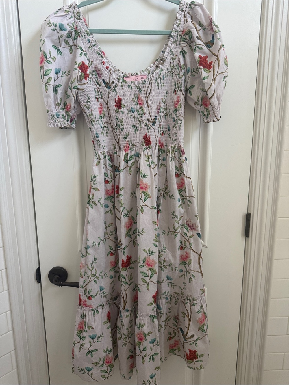 Hill House Home Floral Puff-Sleeve Midi Dress - Cream with Pink & Red Flowers